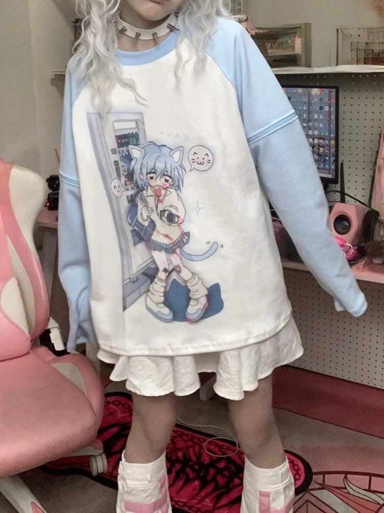 Blue Anime Detachable Sleeve Tee — view 2 Blue Anime Detachable Sleeve Tee — view 2