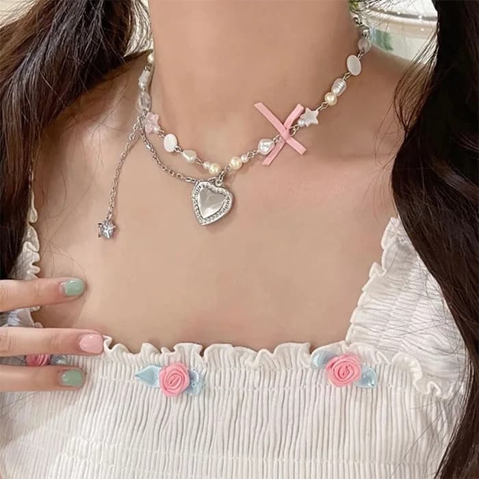 Y2K Heart Bow Pendant Necklace — view 2 Y2K Heart Bow Pendant Necklace — view 2