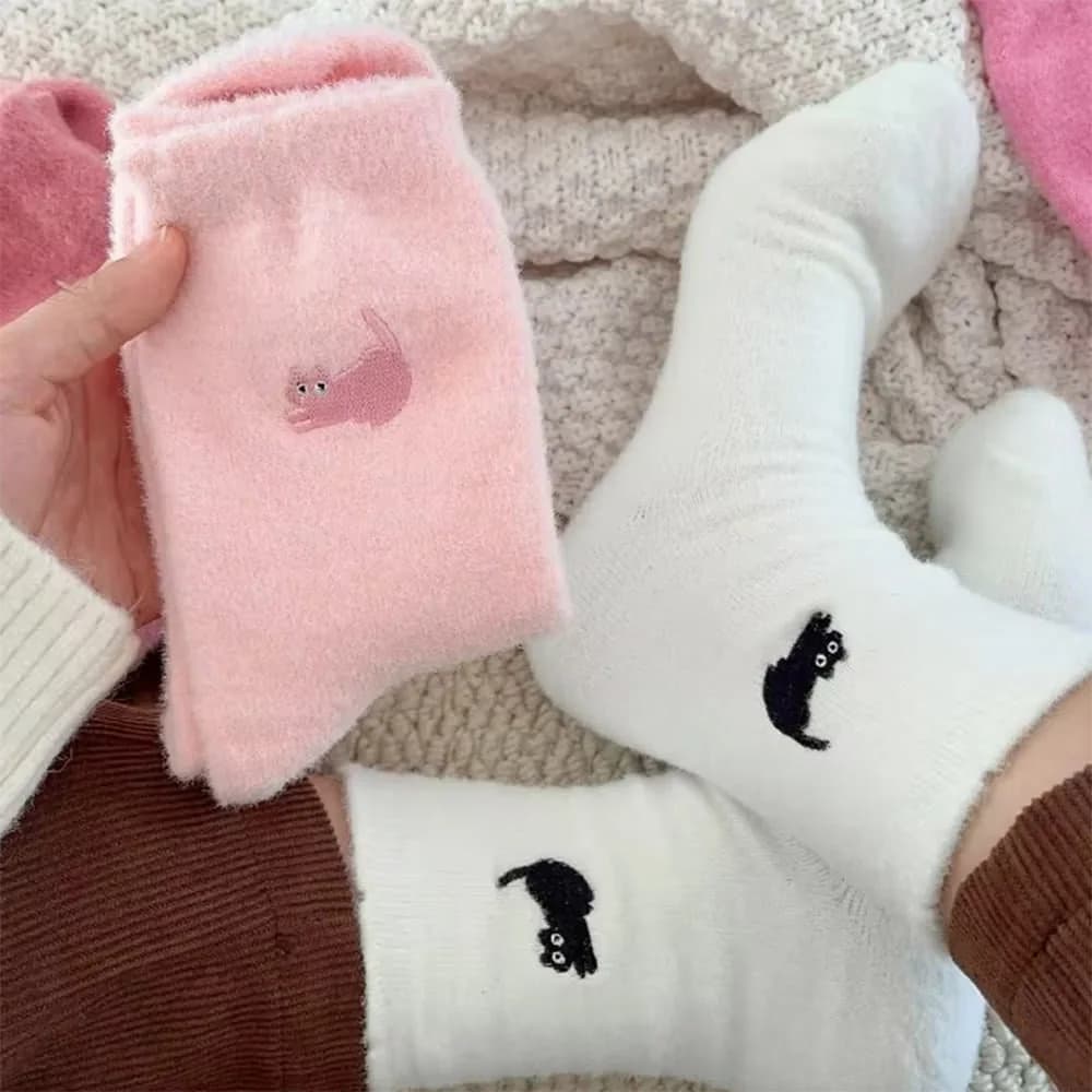 Cat Embroidery Fuzzy Socks — view 1 Cat Embroidery Fuzzy Socks — view 1