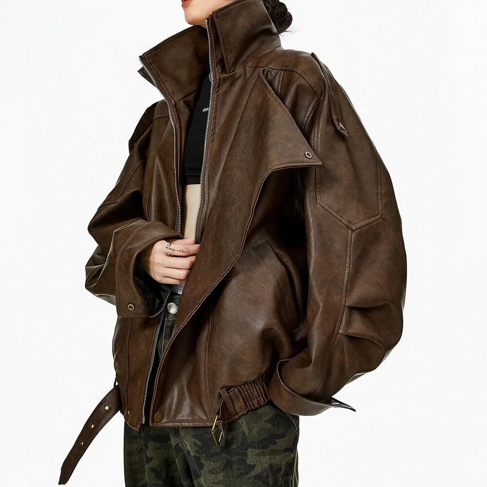 Model Off Duty Buckle Leather Jacket — view 2 Model Off Duty Buckle Leather Jacket — view 2