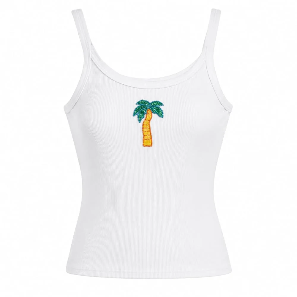 Beaded Palm Tree Ribbed Tank Top — view 1 Beaded Palm Tree Ribbed Tank Top — view 1
