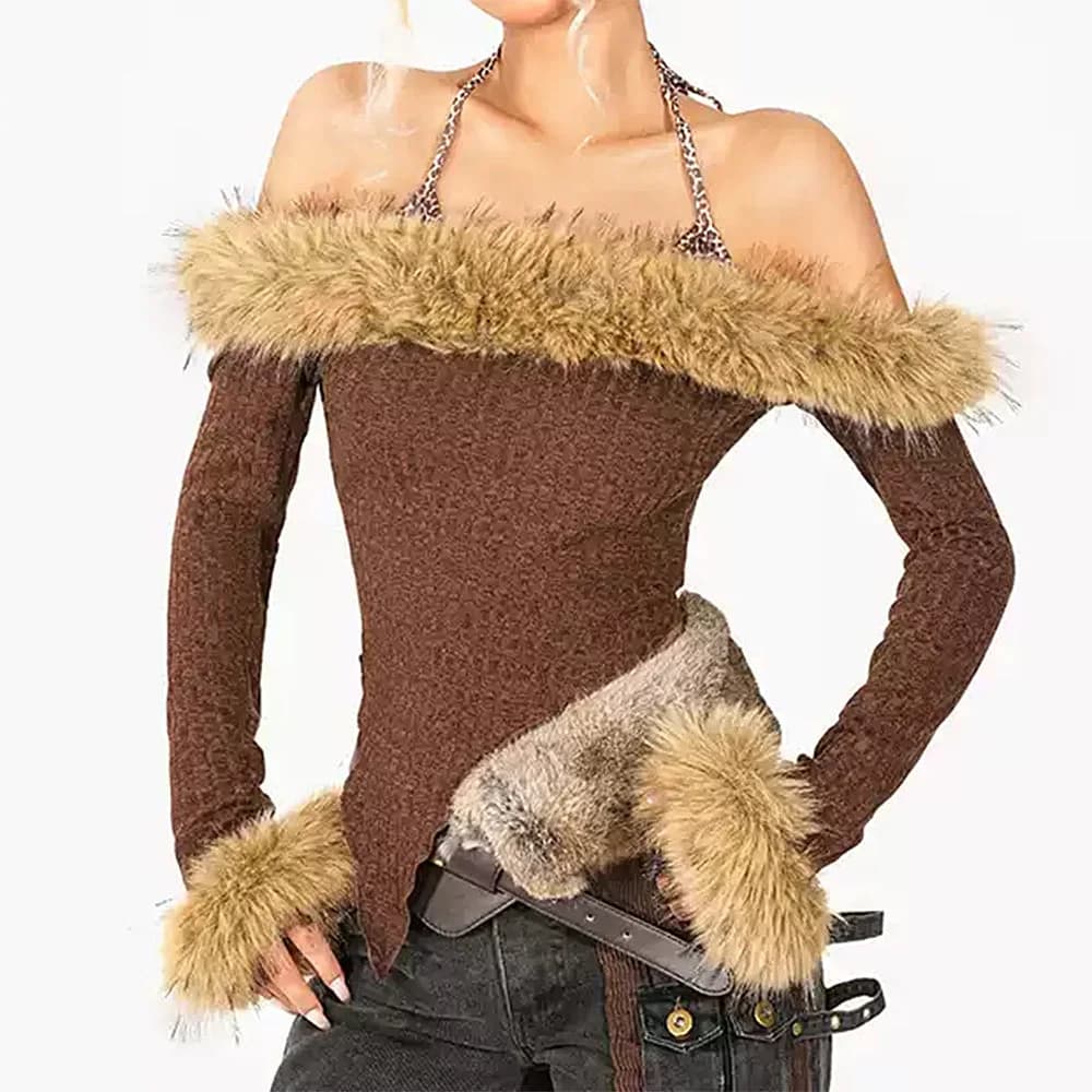 Y2K Fuzzy Off-Shoulder Top — view 1 Y2K Fuzzy Off-Shoulder Top — view 1