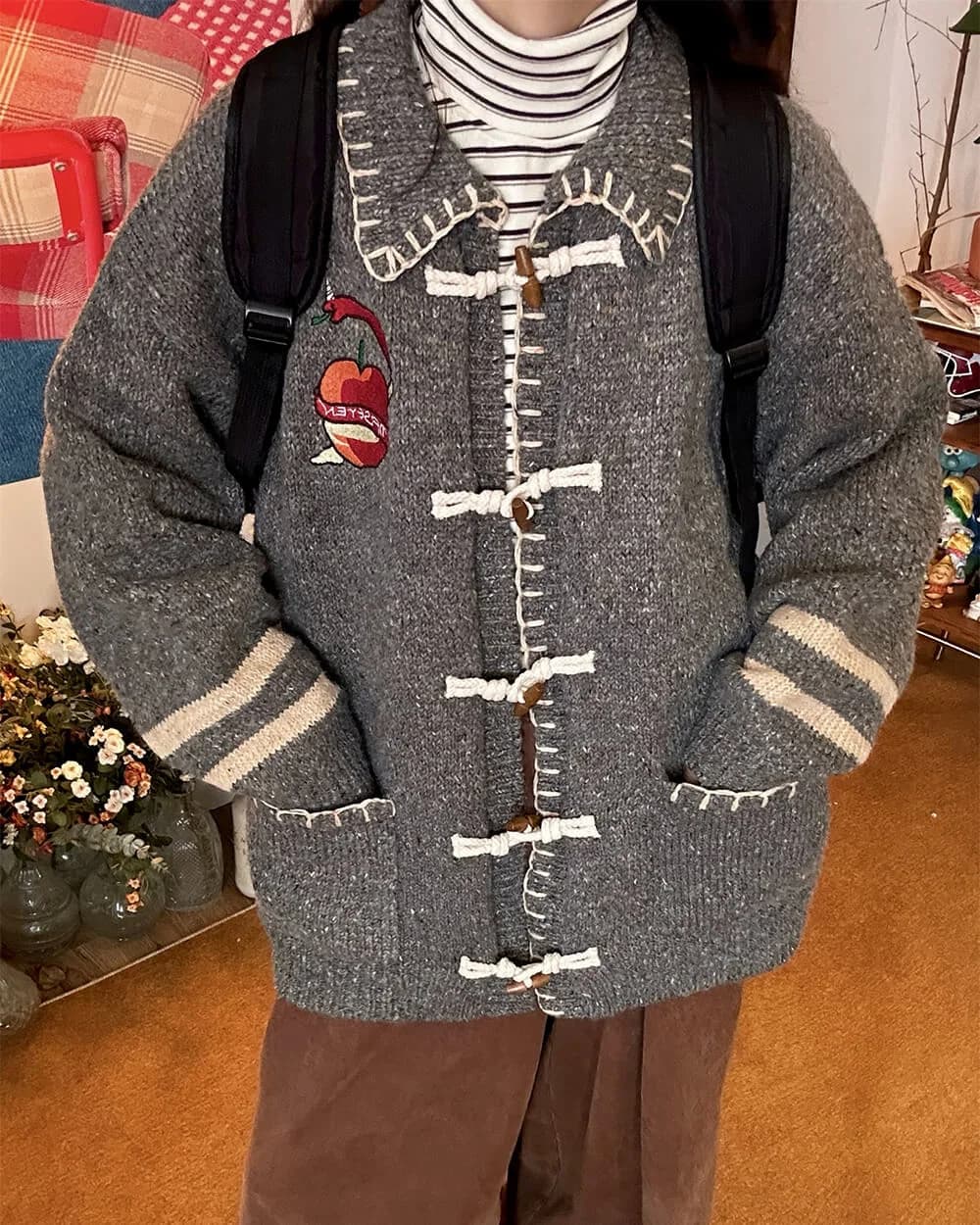 Apple Embroidery Grey Cardigan — view 3 Apple Embroidery Grey Cardigan — view 3