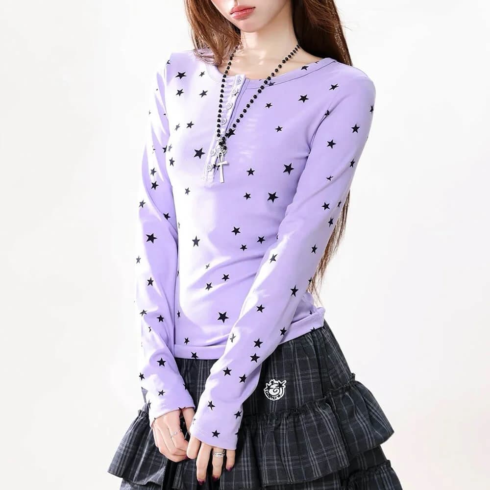 Lavender Star Print Henley Top — view 2 Lavender Star Print Henley Top — view 2