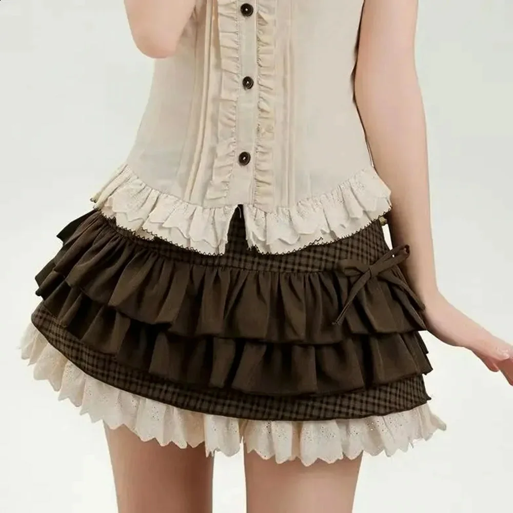 Library Crush Brown Plaid Ruffle Mini Skirt — view 2 Library Crush Brown Plaid Ruffle Mini Skirt — view 2