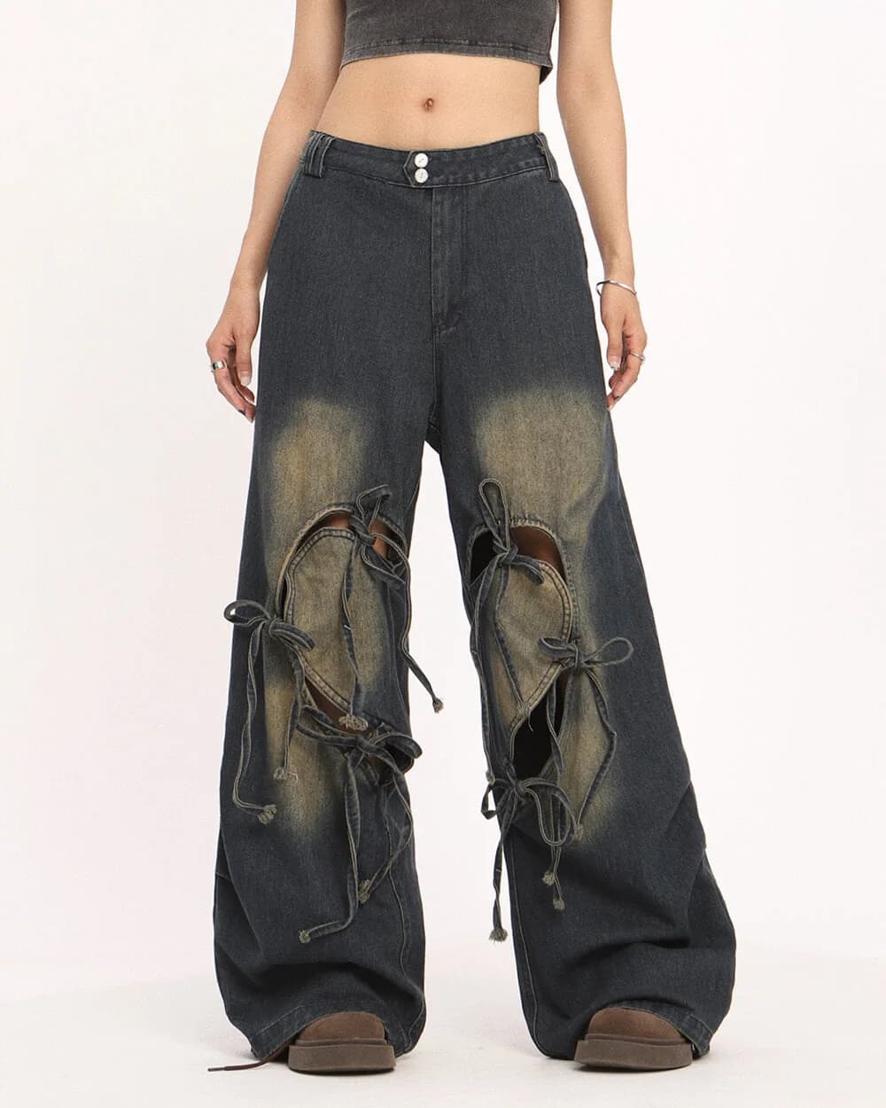 Heart Bow Wide Leg Skater Jeans — view 2 Heart Bow Wide Leg Skater Jeans — view 2