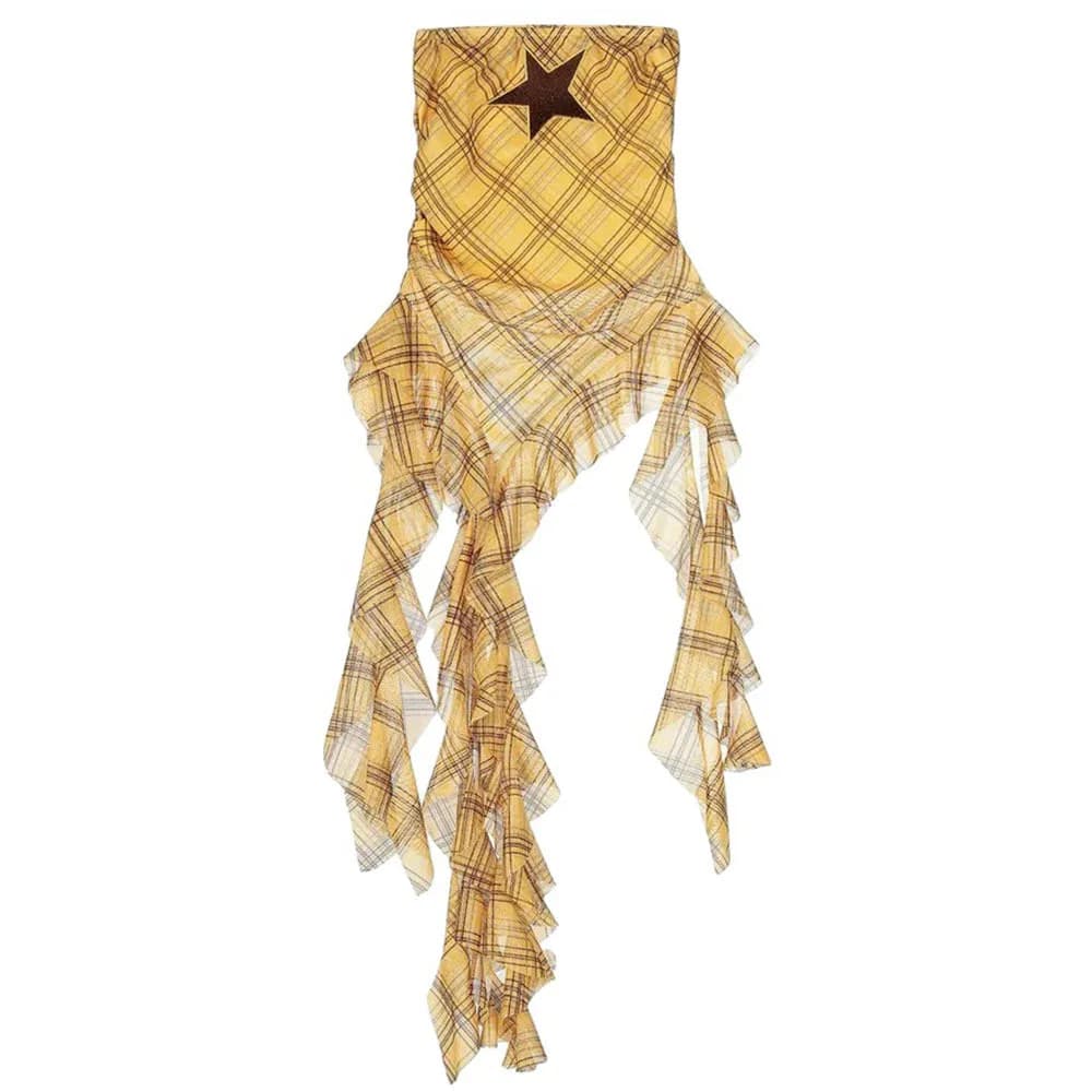 Y2K Star Plaid Asymmetric Tube Top — view 2 Y2K Star Plaid Asymmetric Tube Top — view 2