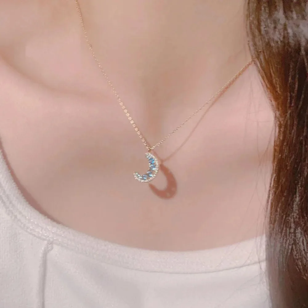 Blue Crystal Crescent Moon Necklace — view 2 Blue Crystal Crescent Moon Necklace — view 2