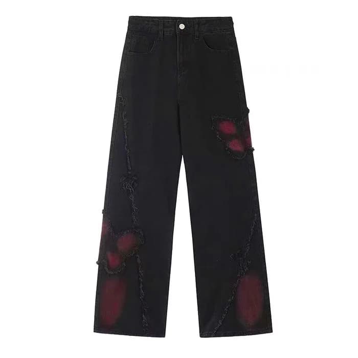 Grunge Aesthetic Black & Red Butterfly Jeans — view 2 Grunge Aesthetic Black & Red Butterfly Jeans — view 2