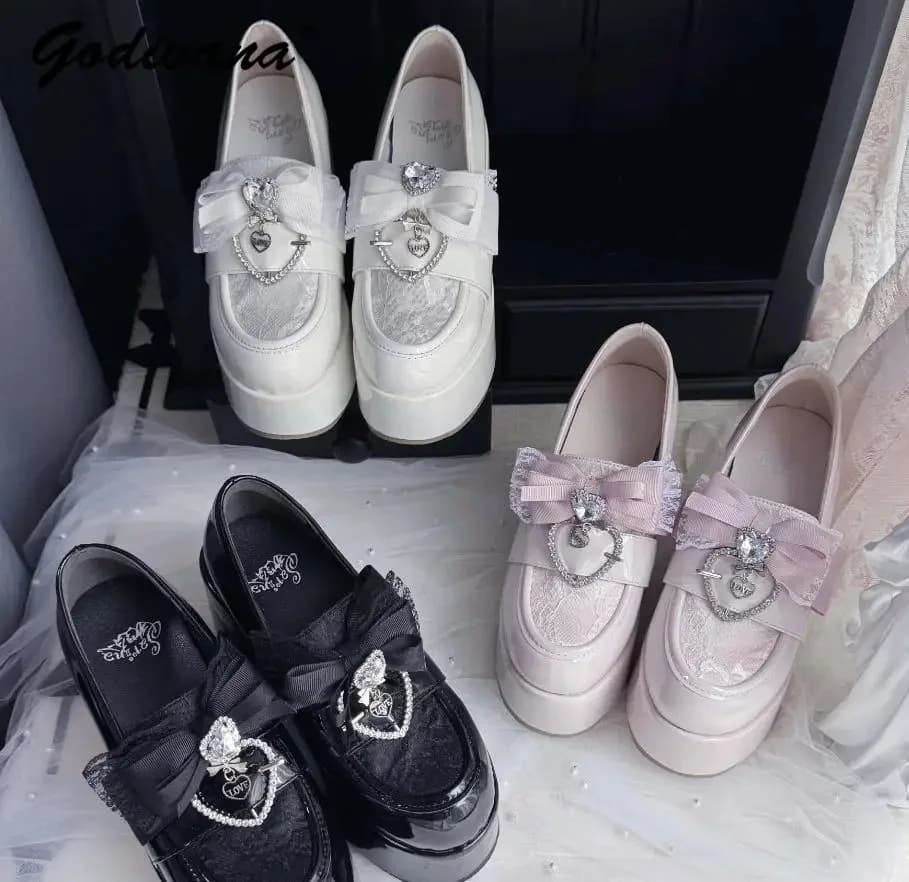 Jirai Kei Patent Lace Bow Platform Loafer Heels in Pink — view 2 Jirai Kei Patent Lace Bow Platform Loafer Heels in Pink — view 2