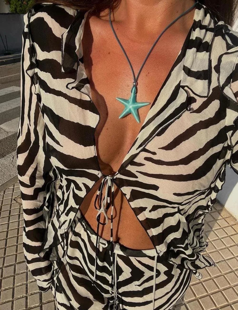 Zebra Tie Up Blouse & Pants Two Piece Set — view 2 Zebra Tie Up Blouse & Pants Two Piece Set — view 2