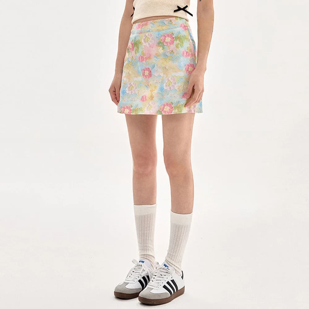 Pastel Brushstroke Floral Mini Skirt — view 3 Pastel Brushstroke Floral Mini Skirt — view 3
