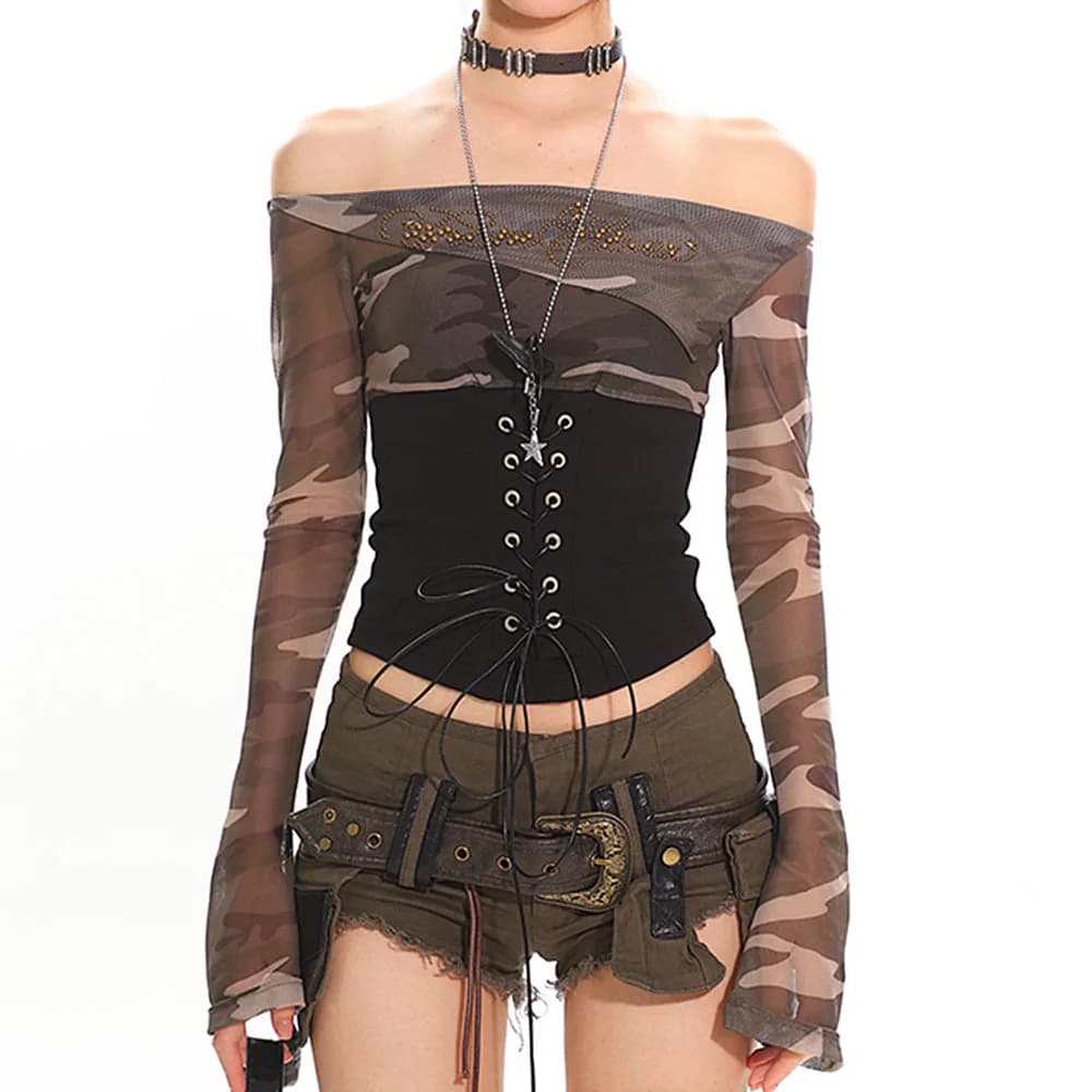 Y2K Camo Off Shoulder Mesh Top — view 1 Y2K Camo Off Shoulder Mesh Top — view 1