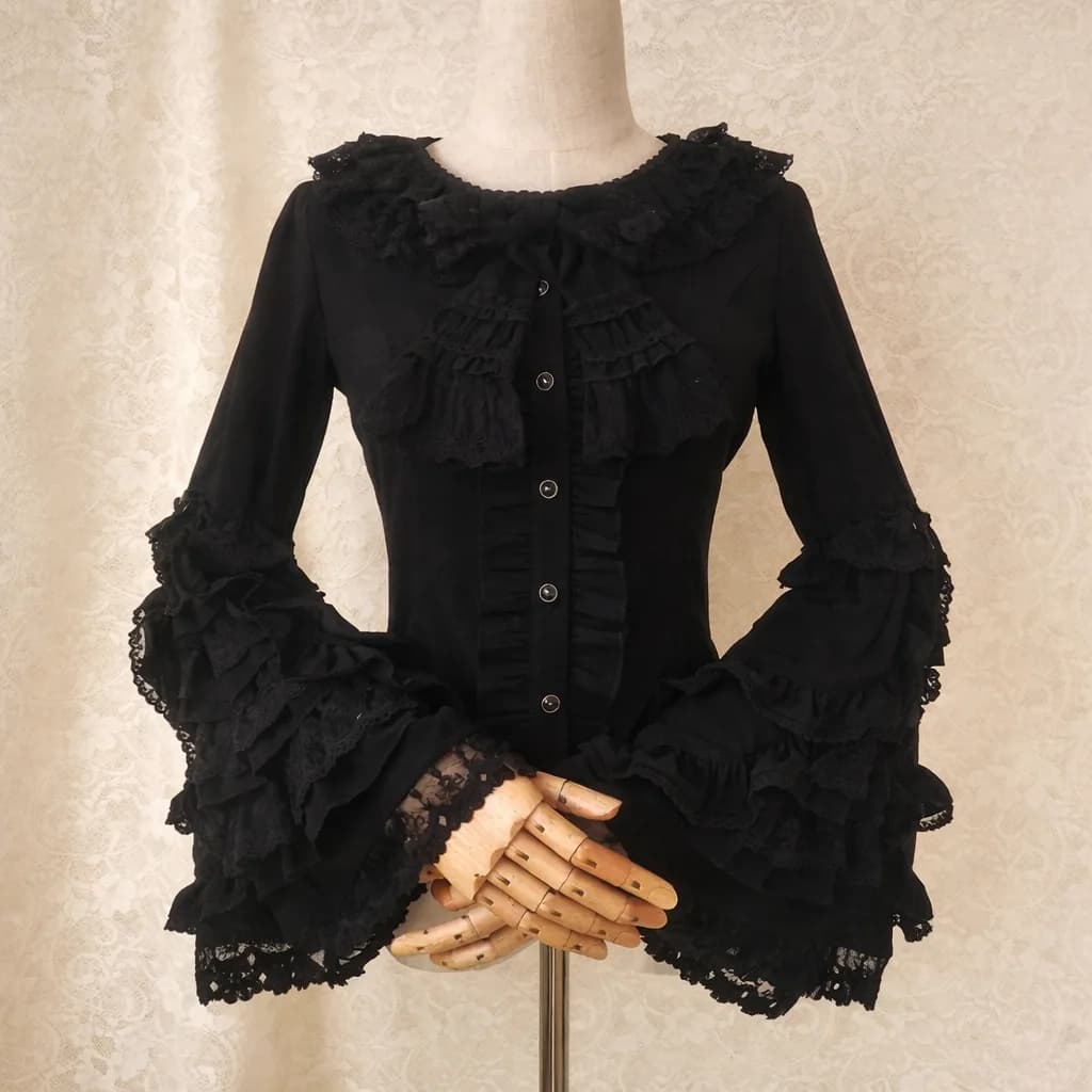 Jirai Kei Black Ruffle Lace Flare Sleeve Button Blouse — view 2 Jirai Kei Black Ruffle Lace Flare Sleeve Button Blouse — view 2