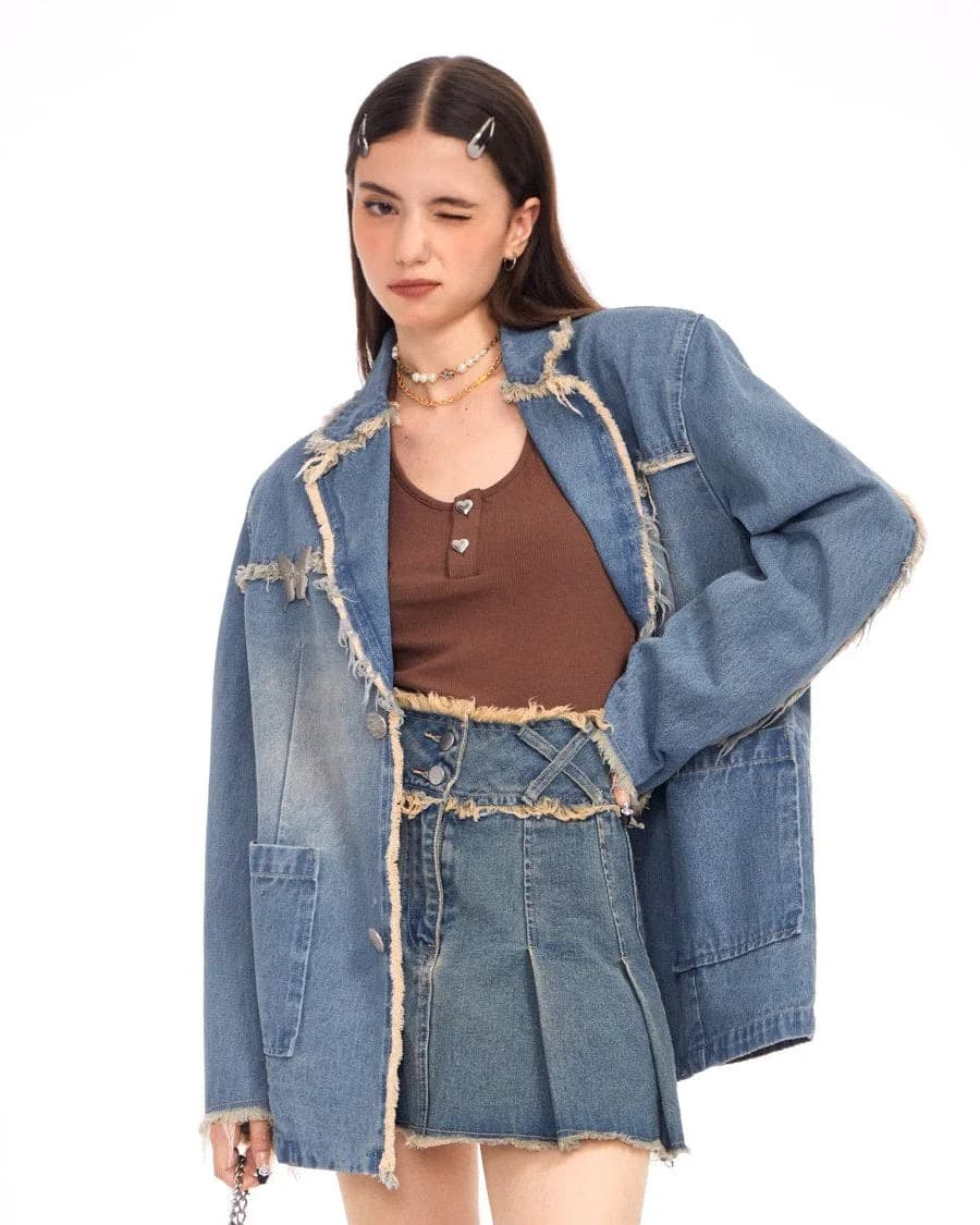 Distressed Denim Blazer in Blue — view 1 Distressed Denim Blazer in Blue — view 1