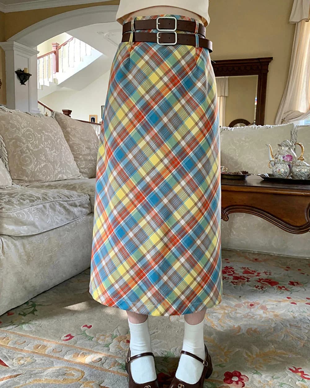 Preppy Colorful Plaid Maxi Skirt — view 2 Preppy Colorful Plaid Maxi Skirt — view 2