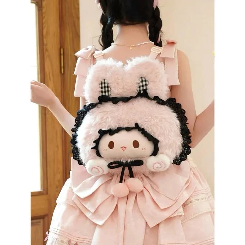 Pink Bunny Black Lace Plush Backpack — view 1 Pink Bunny Black Lace Plush Backpack — view 1