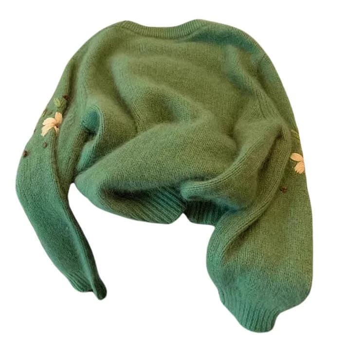 Cottagecore Floral Embroidery Green Sweater — view 2 Cottagecore Floral Embroidery Green Sweater — view 2