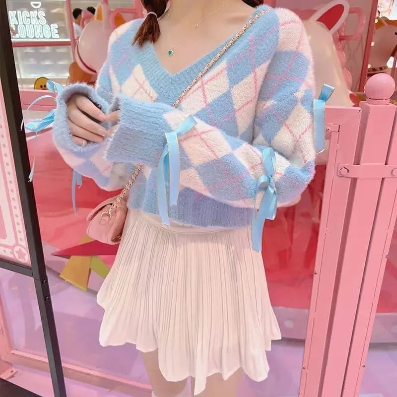 Blue Argyle Cropped Cardigan — view 1 Blue Argyle Cropped Cardigan — view 1