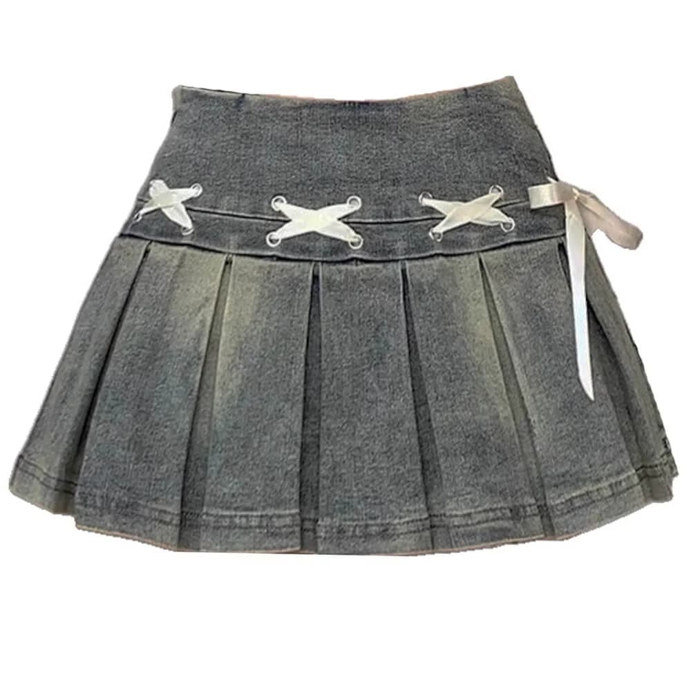 Fairy Grunge Lace Up Denim Pleated Skirt — view 1 Fairy Grunge Lace Up Denim Pleated Skirt — view 1