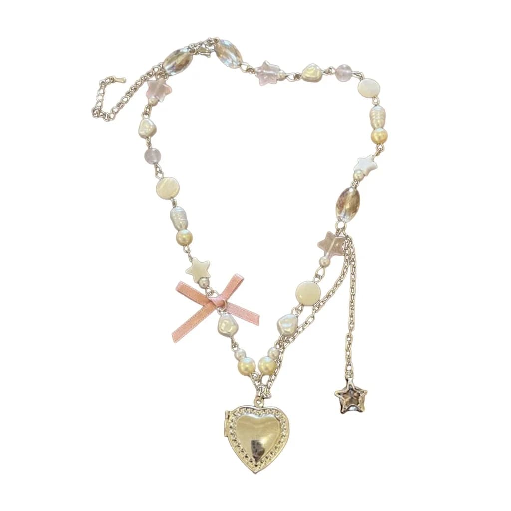 Y2K Heart Bow Pendant Necklace — view 1 Y2K Heart Bow Pendant Necklace — view 1