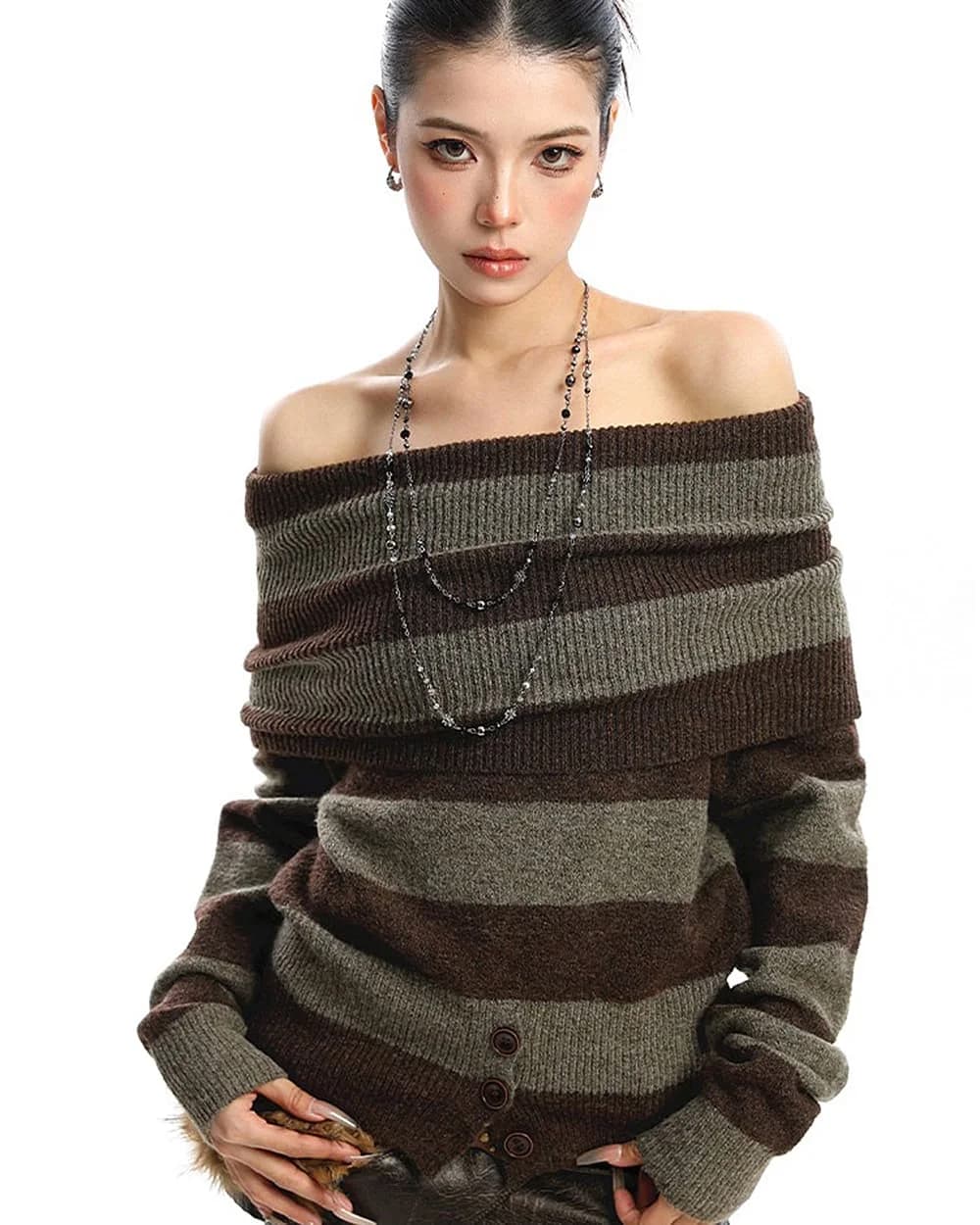 Black and Grey Off-Shoulder Knit Top — view 3 Black and Grey Off-Shoulder Knit Top — view 3