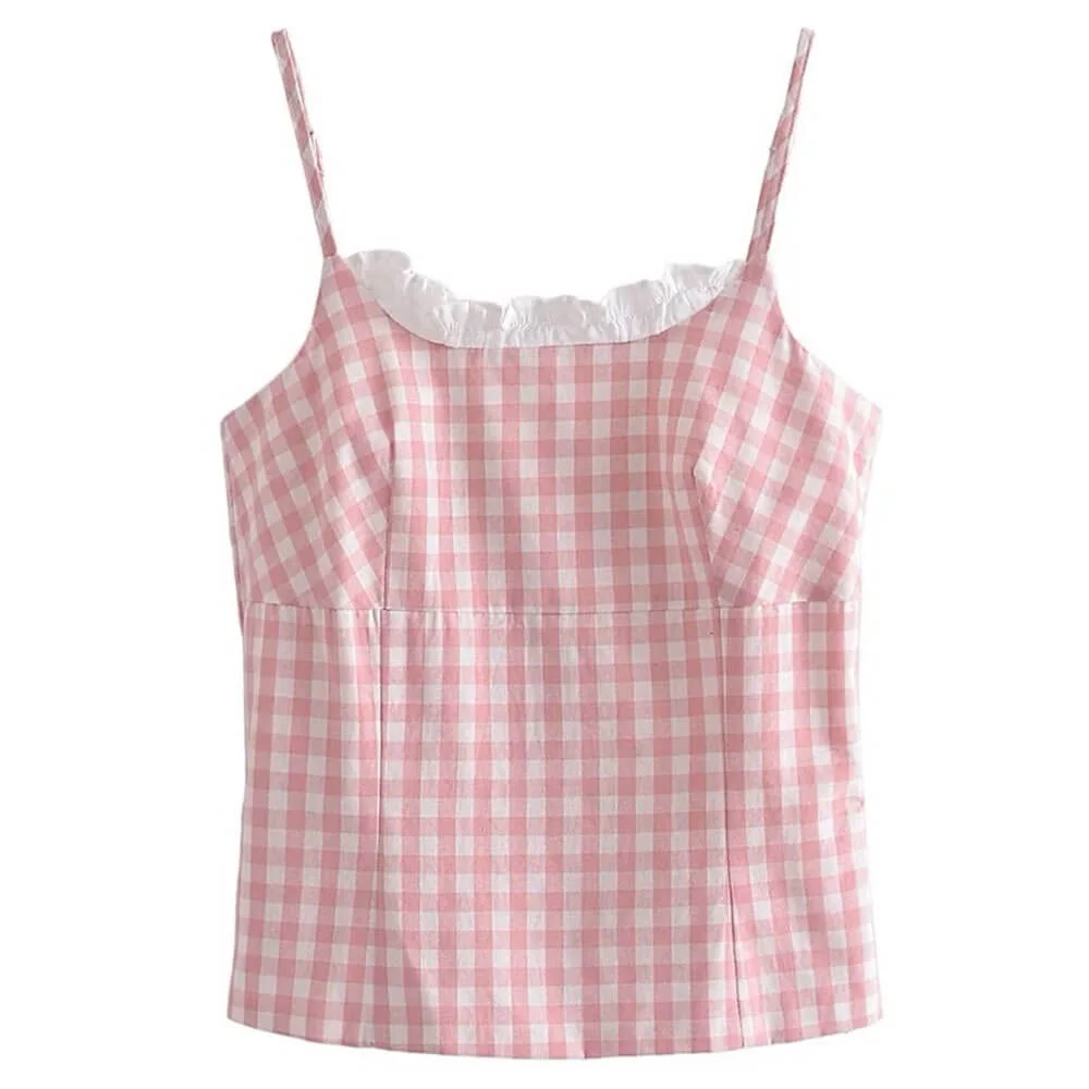 Pink Gingham Lace Trim Cami Top — view 1 Pink Gingham Lace Trim Cami Top — view 1