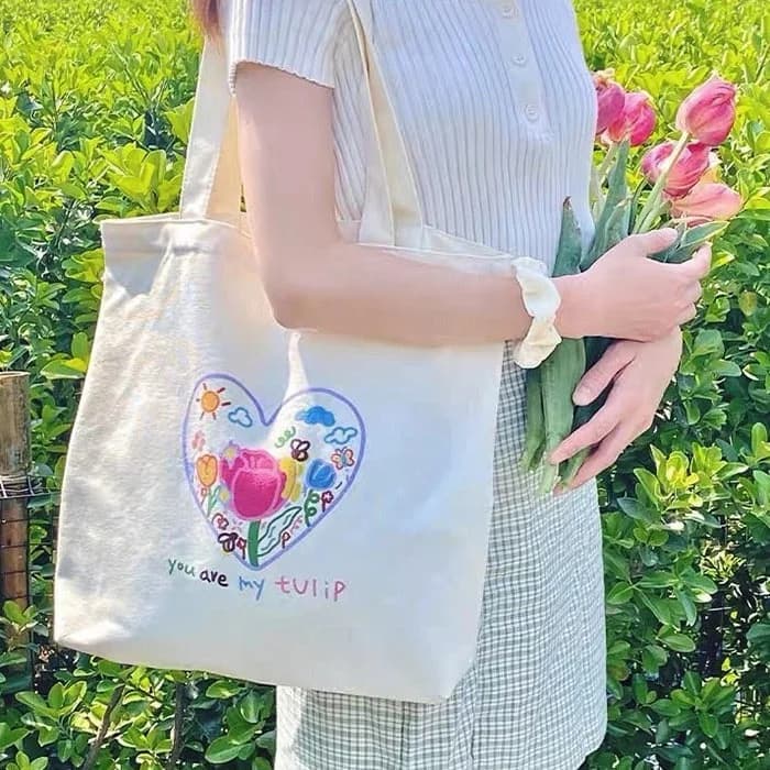 Tulip Embroidery Aesthetic Tote Bag — view 2 Tulip Embroidery Aesthetic Tote Bag — view 2