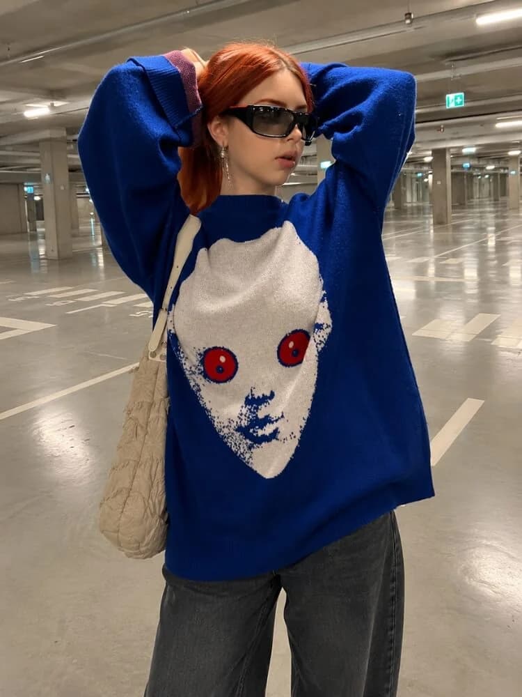 Weirdcore Alien Face Knit Sweater — view 1 Weirdcore Alien Face Knit Sweater — view 1