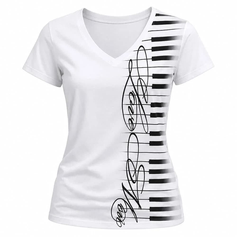 Piano Keyboard V-Neck T-Shirt — view 1 Piano Keyboard V-Neck T-Shirt — view 1