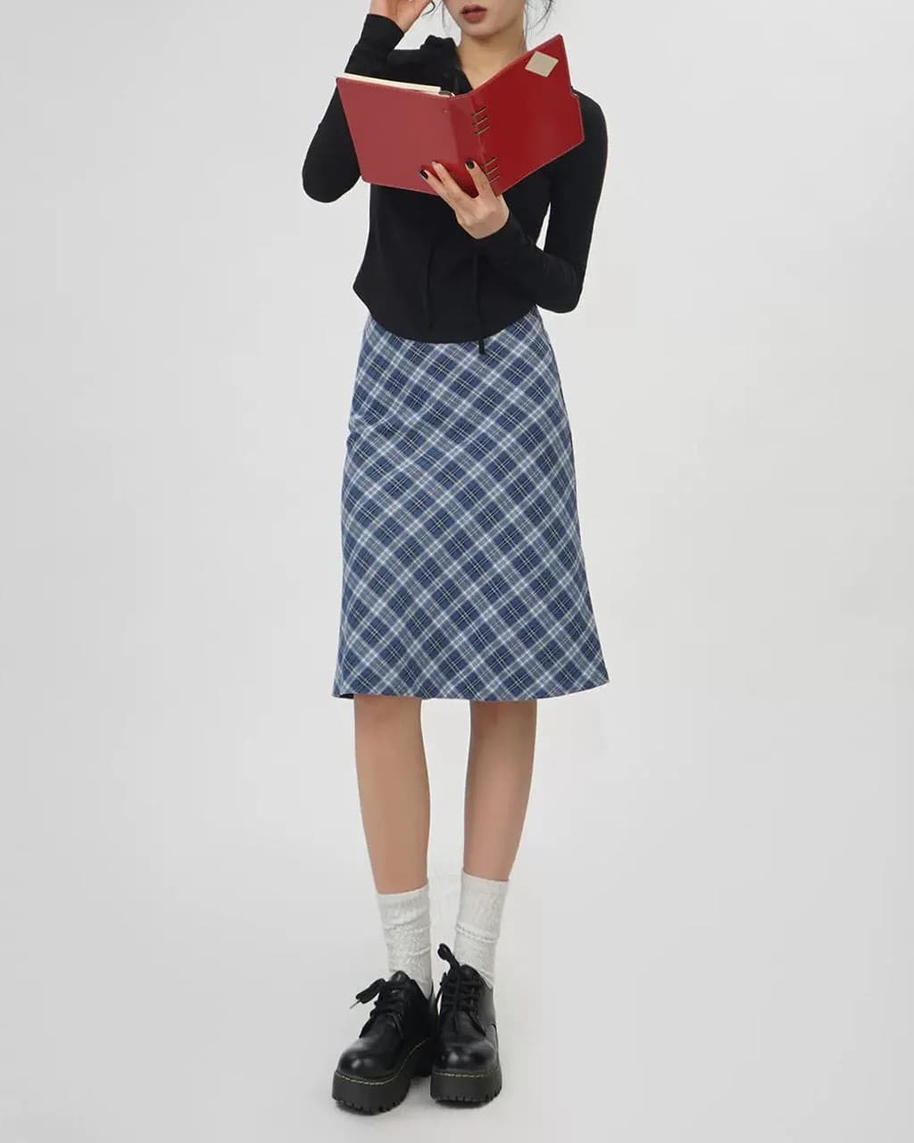 Worry Less Blue Plaid Midi Skirt — view 2 Worry Less Blue Plaid Midi Skirt — view 2