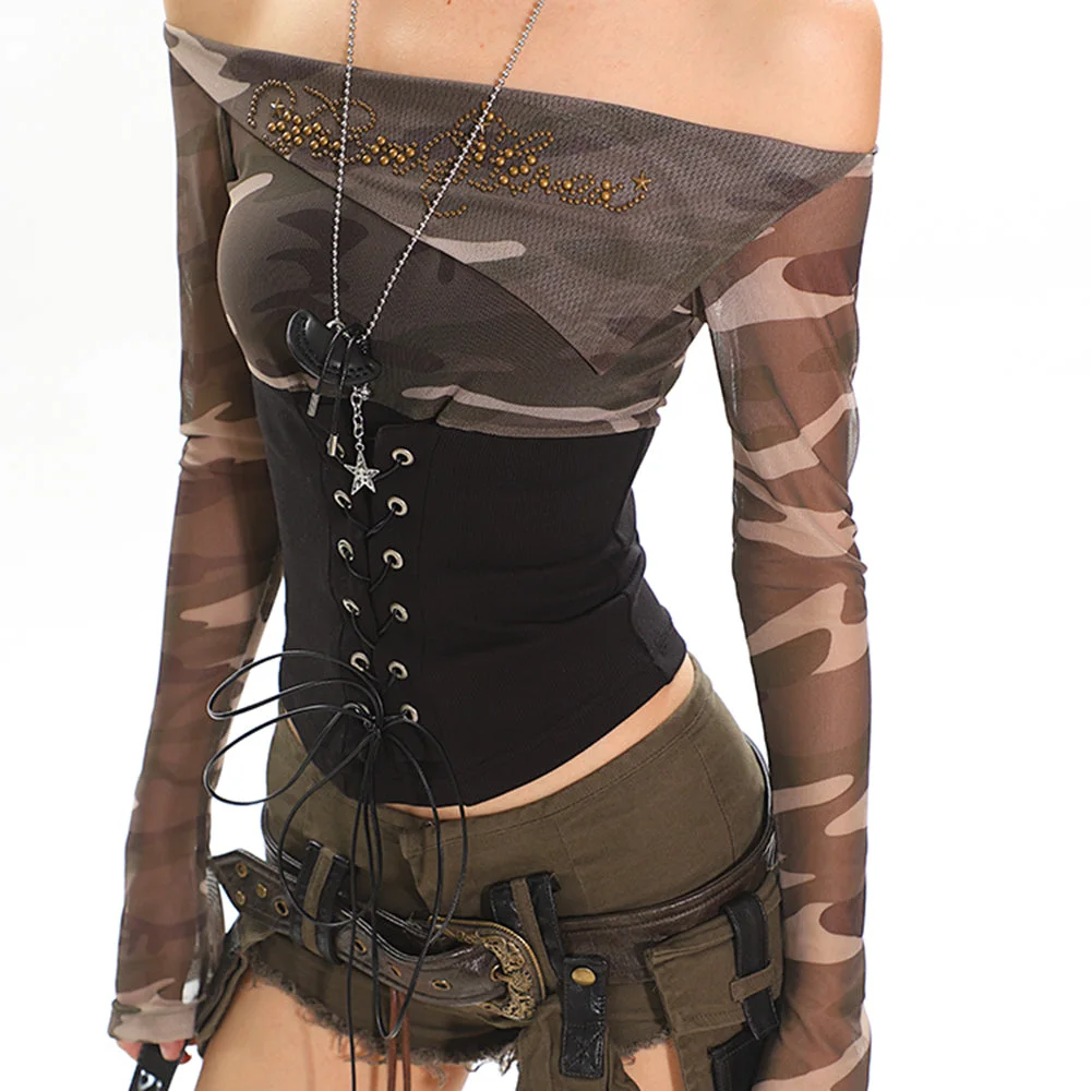 Y2K Camo Off Shoulder Mesh Top — view 2 Y2K Camo Off Shoulder Mesh Top — view 2