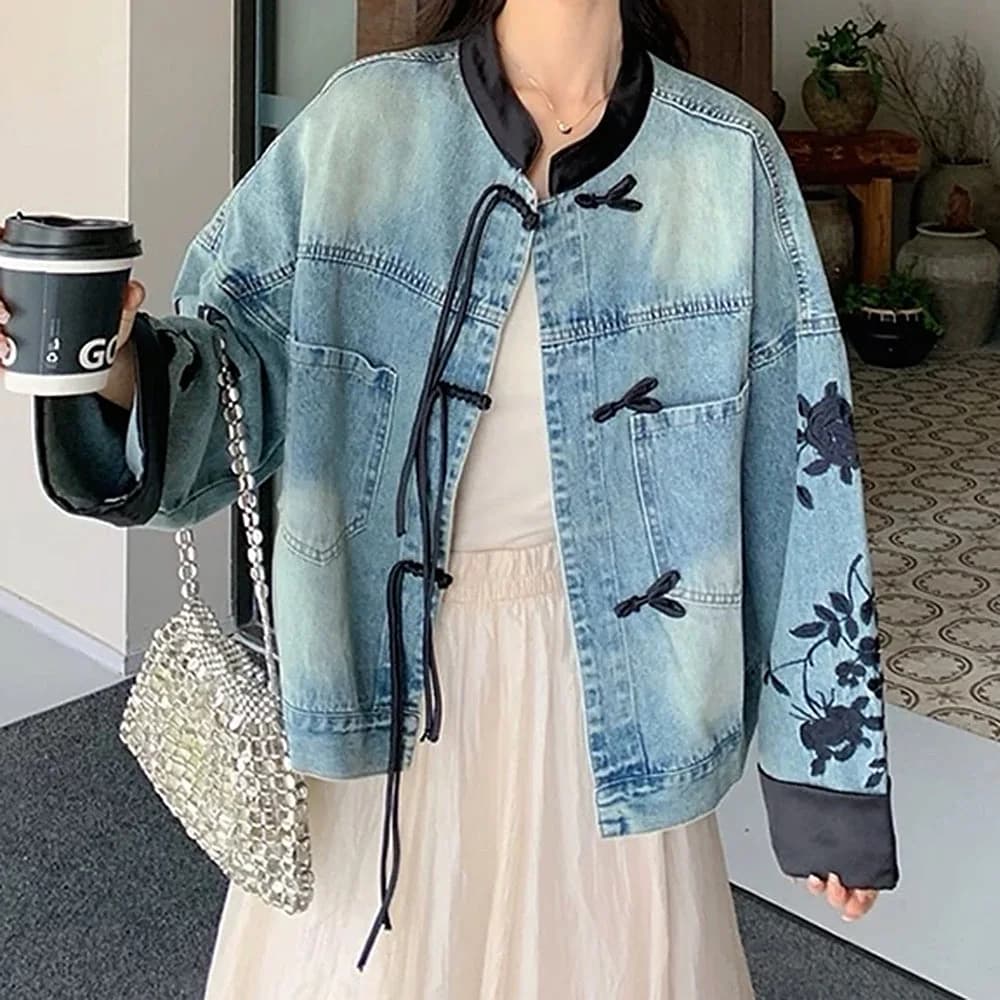 Chinese Style Embroidered Denim Jacket — view 3 Chinese Style Embroidered Denim Jacket — view 3