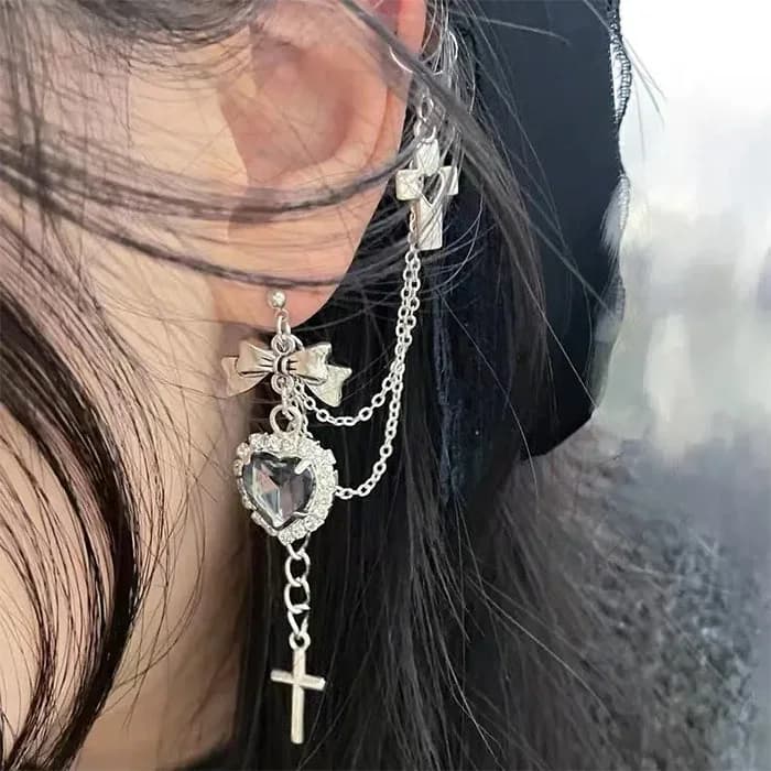 Grunge Aesthetic Heart Cross Ear Cuff — view 2 Grunge Aesthetic Heart Cross Ear Cuff — view 2