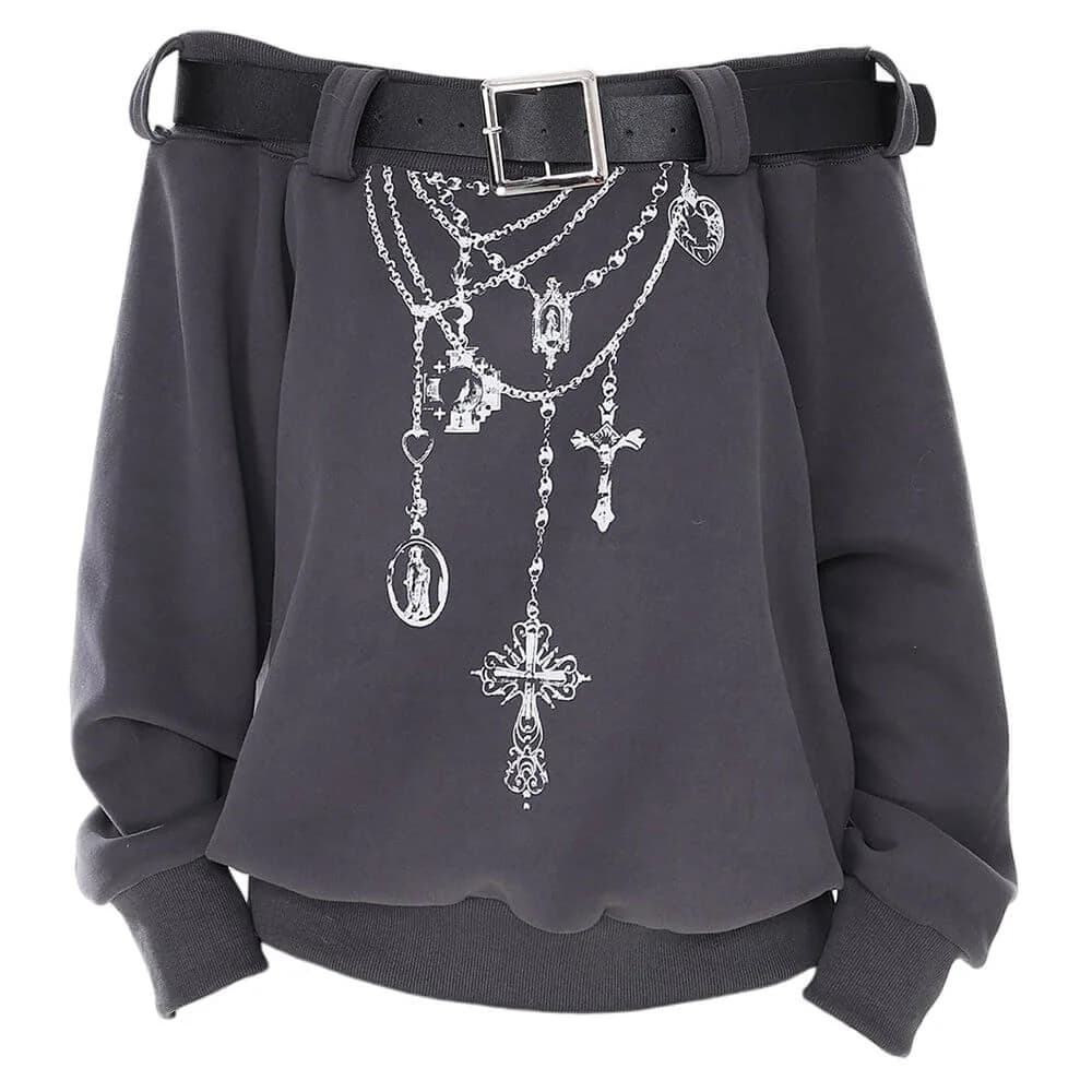 Grunge Aesthetic Off-Shoulder Sweatshirt — view 1 Grunge Aesthetic Off-Shoulder Sweatshirt — view 1