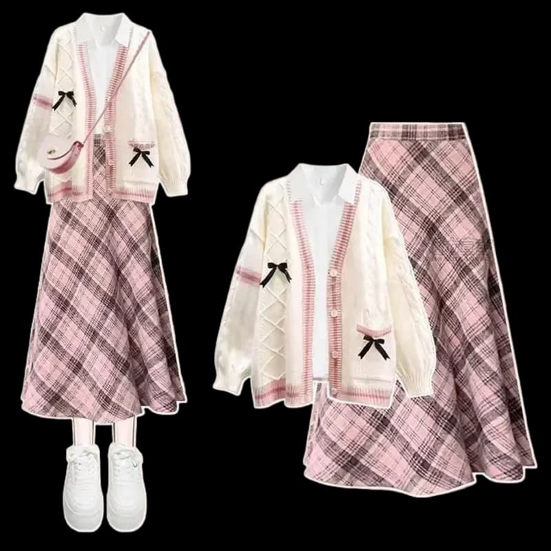Mori Kei Cable Knit Cardigan & Plaid Skirt Set with Bow Details — view 2 Mori Kei Cable Knit Cardigan & Plaid Skirt Set with Bow Details — view 2