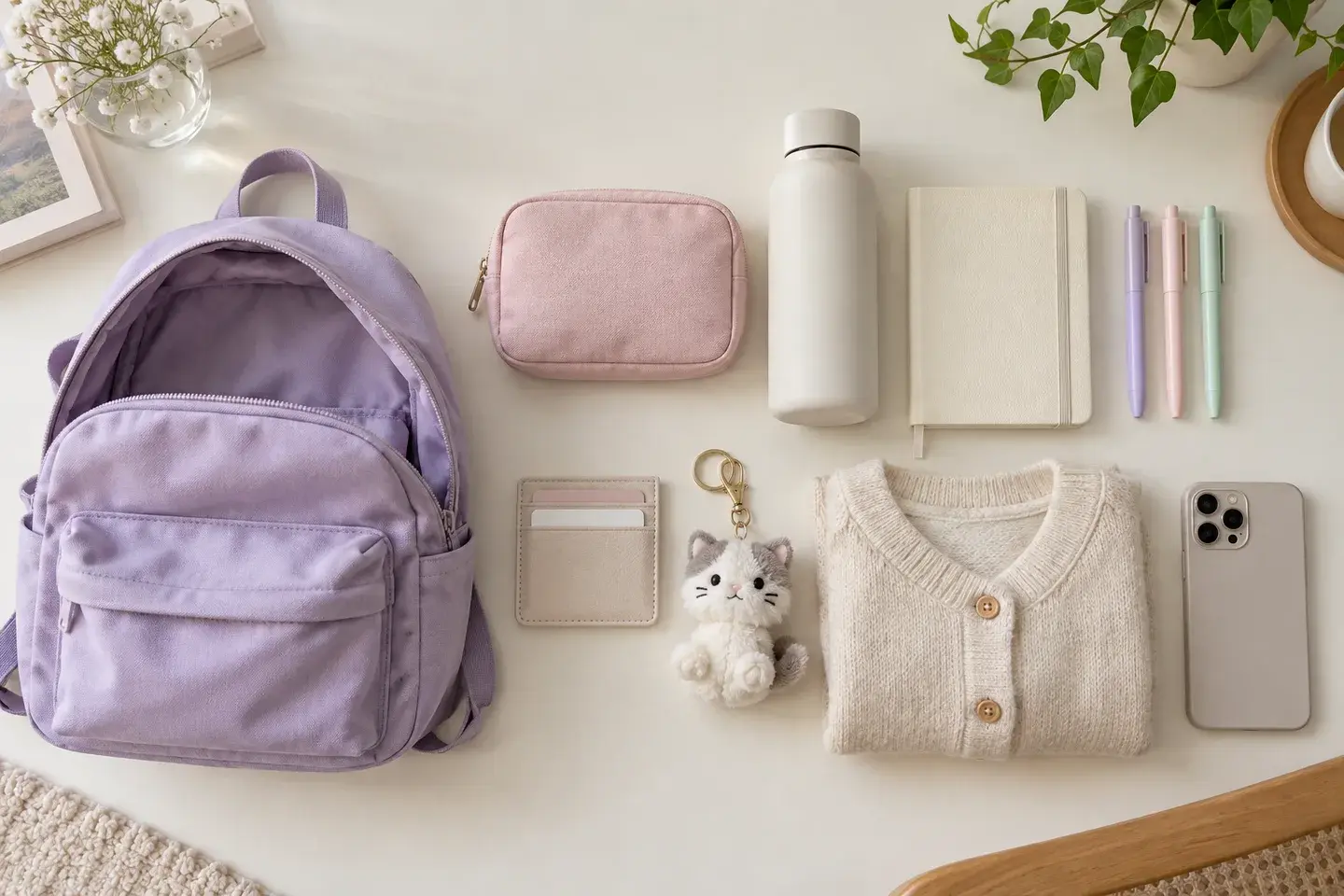 Lavender backpack with an organized pouch, notebook, pens, bottle and light cardigan Lavender backpack with an organized pouch, notebook, pens, bottle and light cardigan