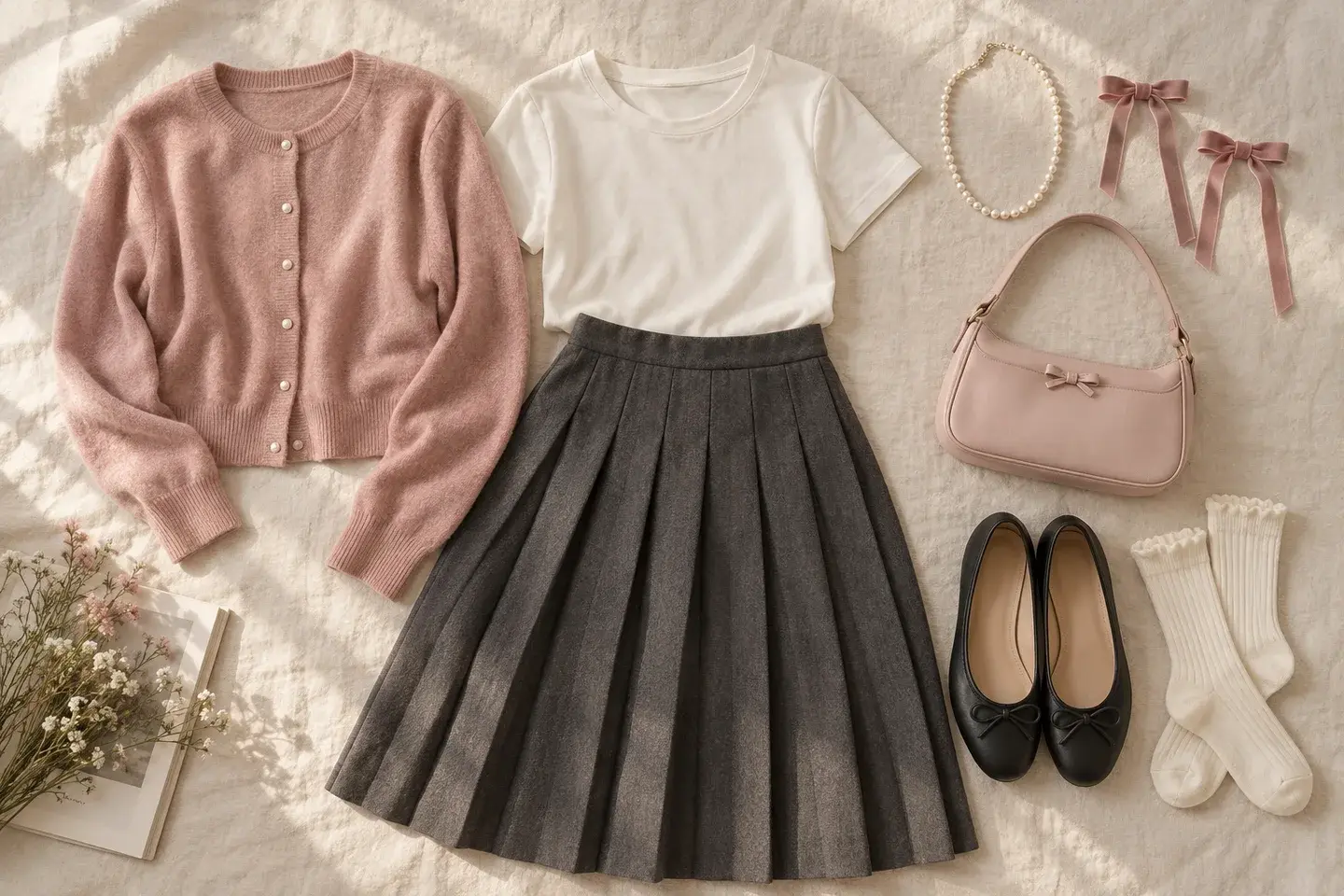 Dusty rose cardigan, charcoal pleated skirt and coordinated bow accessories