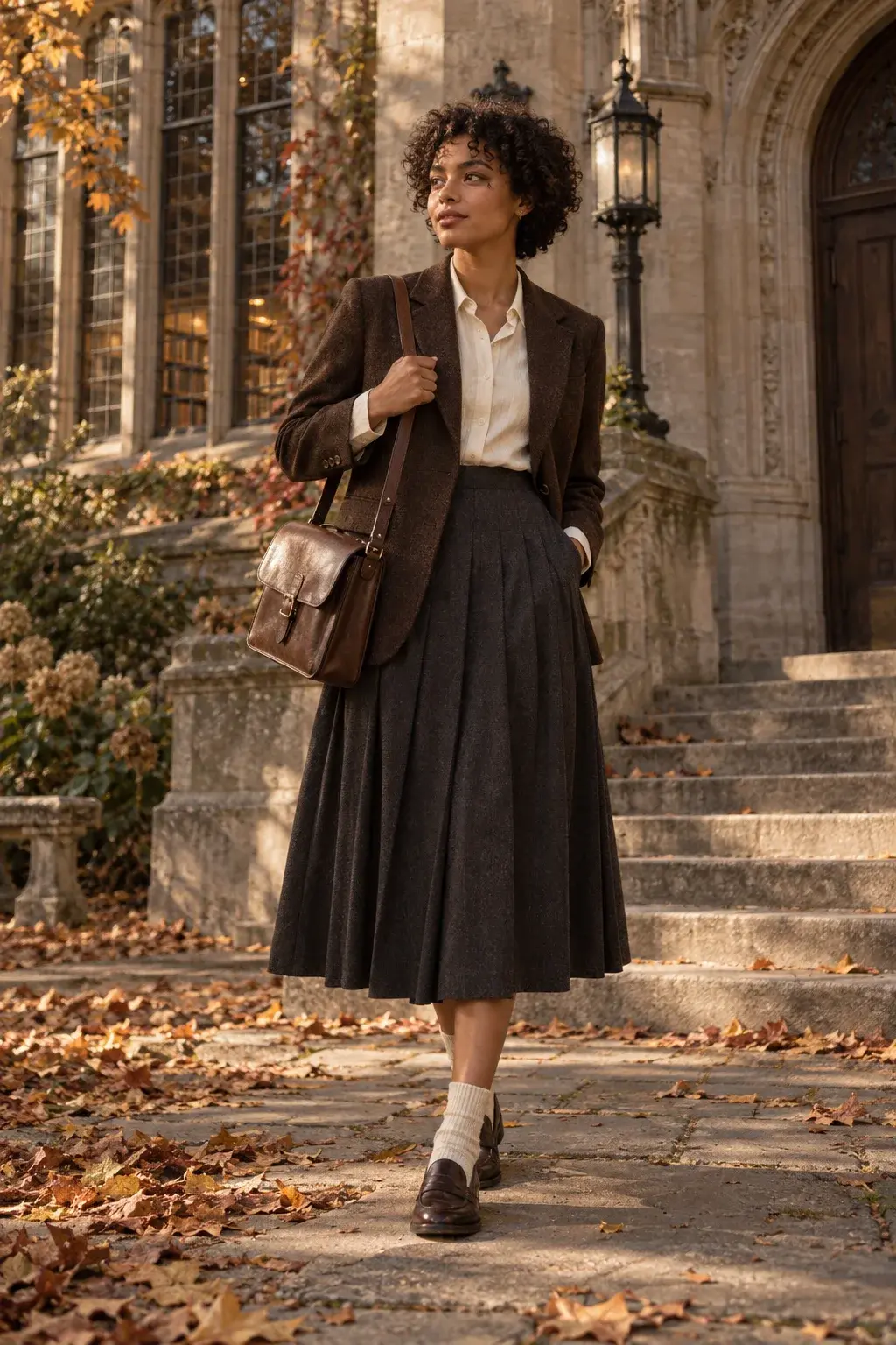 Dark academia outfit with a brown blazer and charcoal pleated midi skirt