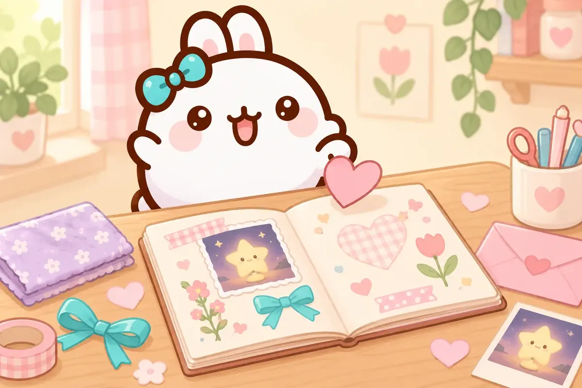 Momo, our white bunny mascot with a turquoise bow, filling a scrapbook with little joys