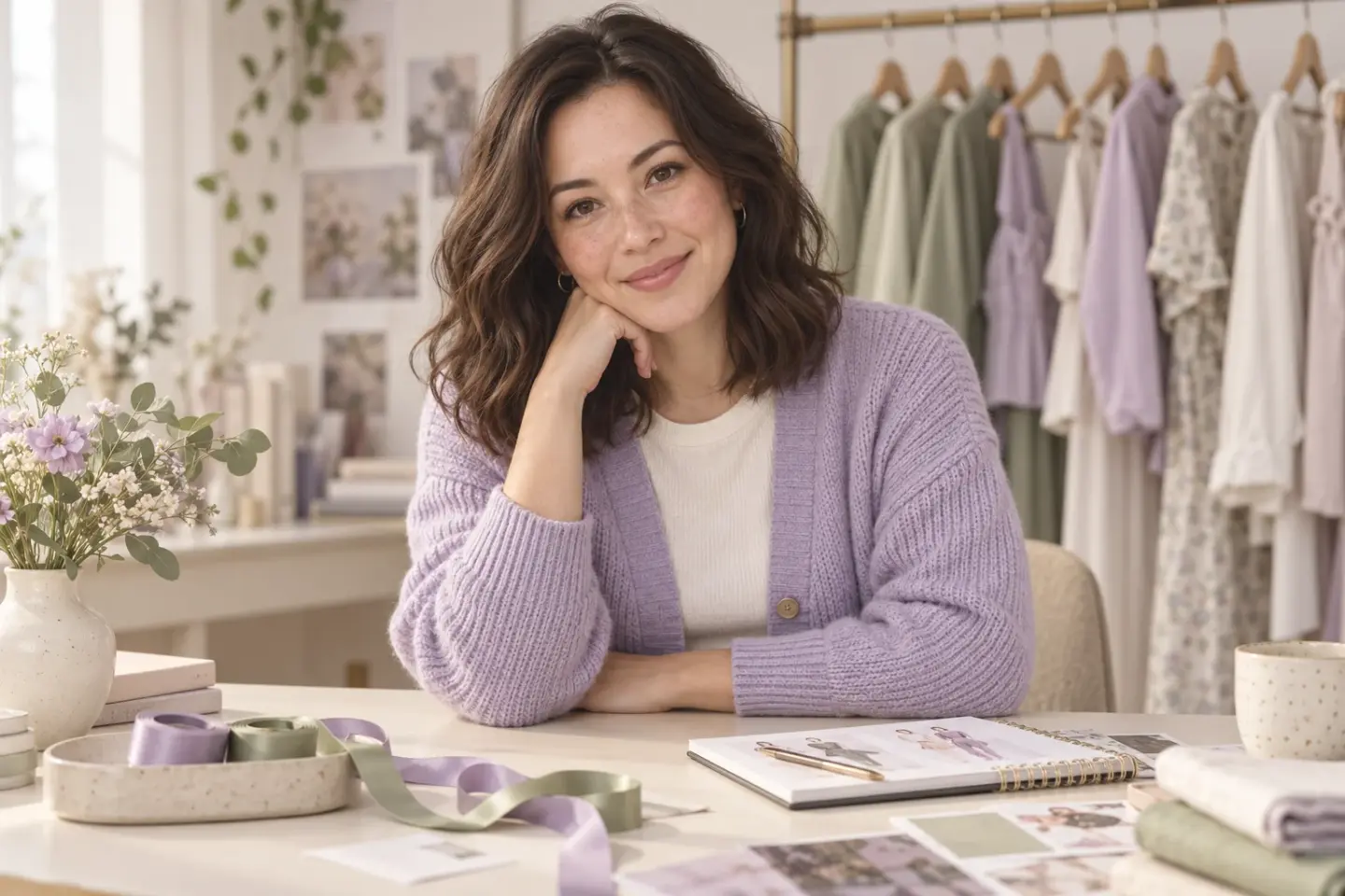 Maya in a lavender cardigan at the Kawaii Vibe styling desk