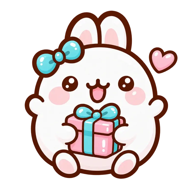 Momo the Kawaii Vibe bunny holding a pink gift with a turquoise ribbon