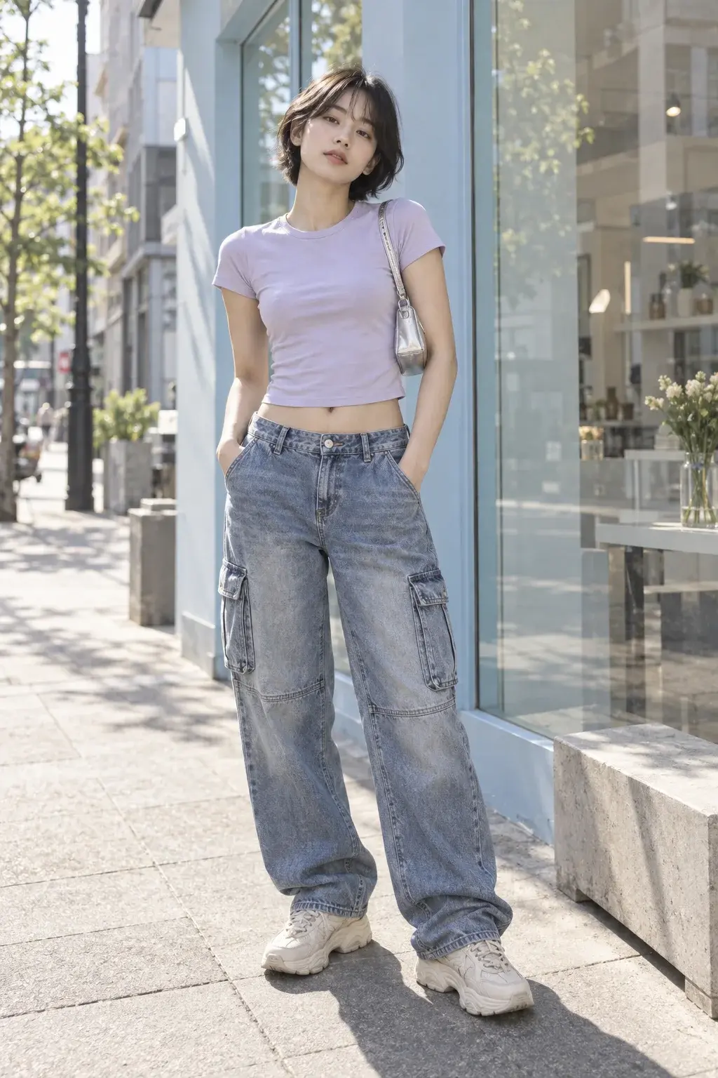 Y2K outfit with a lavender baby tee and loose blue cargo jeans