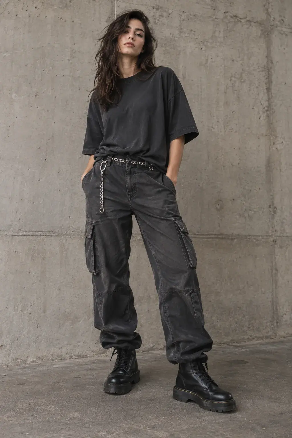 Grunge outfit with charcoal cargo pants and chunky boots