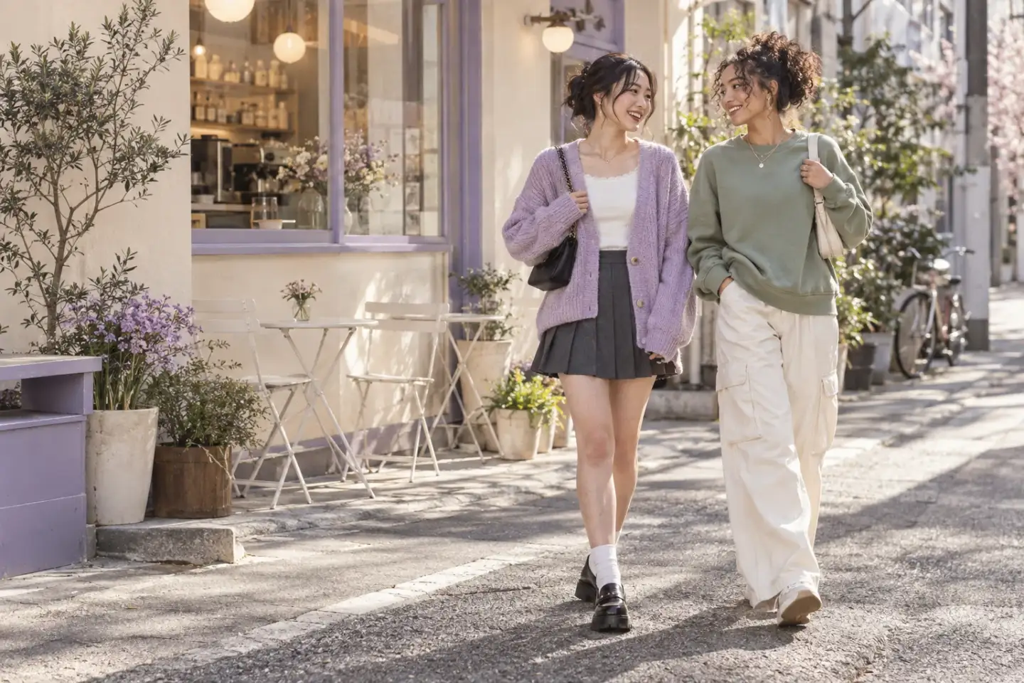 Two friends wearing pastel and relaxed streetwear outside a Tokyo cafe
